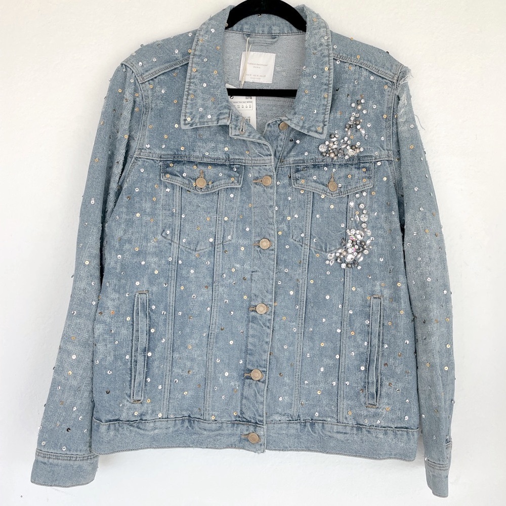 COPY - COPY - Zara oversized distressed boyfriend denim jacket with crystals an…